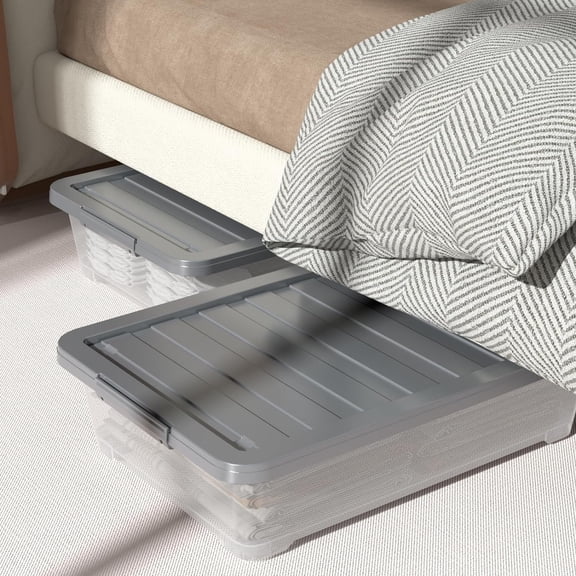 3 Packs Large Clear Wheeled Latching Box, 40 L Plastic Underbed Storage Box with Gray Lid
