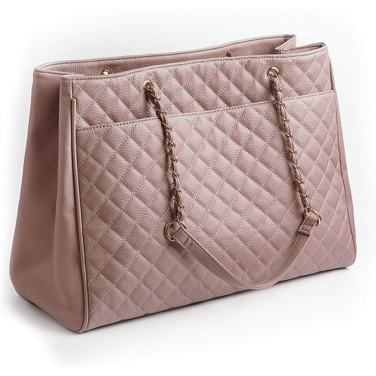 Women's Large Travel Tote Quilted Purse and Work Laptop Handbag - Rose Gold  Hardware With Satin Interior - Mauve 