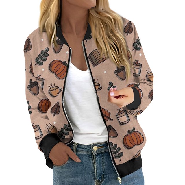 Chaqueta bomber con temática de Halloween para mujer, con lindos fantasmas, murciélagos y estampado de luna, informal, ligera, con cremallera