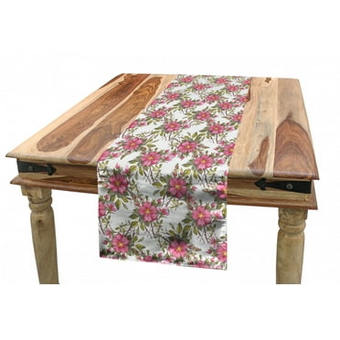 Flower Table Runner, Watercolor Dog Rose Garden Pattern with Leaves and Buds Image, Dining Room Kitchen Rectangular Runner, 3 Sizes, by Ambesonne