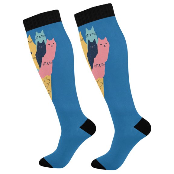 FORMRS Womens Knee High Socks Casual Long Thick Travel Daily Wear, 1 Pair, Colorful Ice Cream Cat
