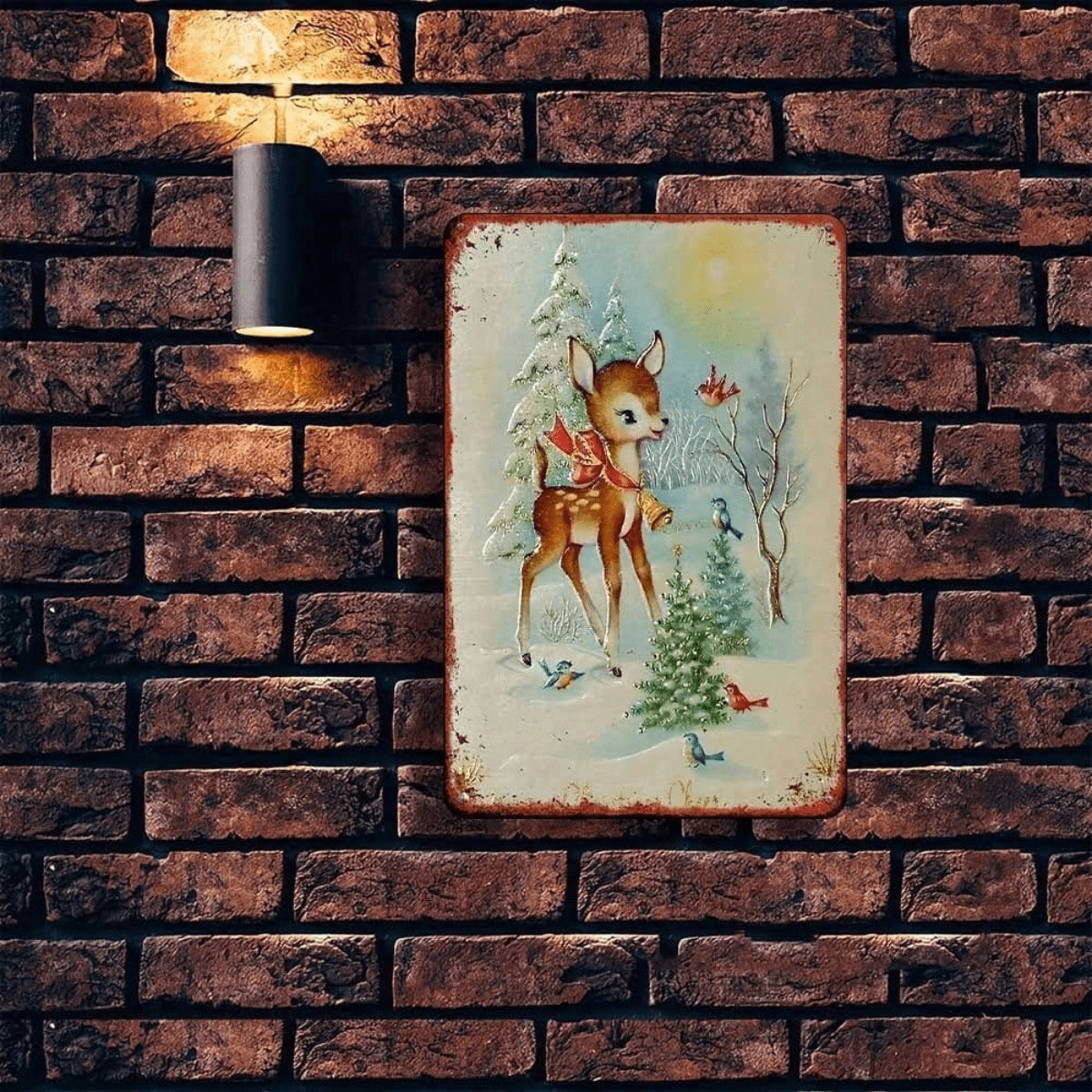 1PC Rustic Iron Metal Wall Sign Winter Reindeer Snowy Woods Pattern No Text Christmas Holiday Home Outdoor Wall Art Decor Ornament