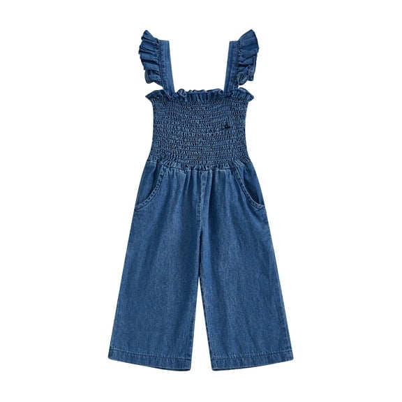 Rovasas Girls Denim Overalls Jumpsuit Sleeveless Smocked Bust Romper