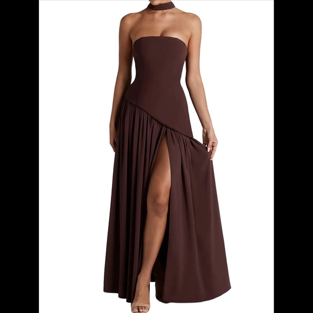 Vestido Tubo con Hombros Descubiertos y Diseño Lateral para Mujer, Ideal para Salir. Vestido Informal y Elegante. Marrón Oscuro L