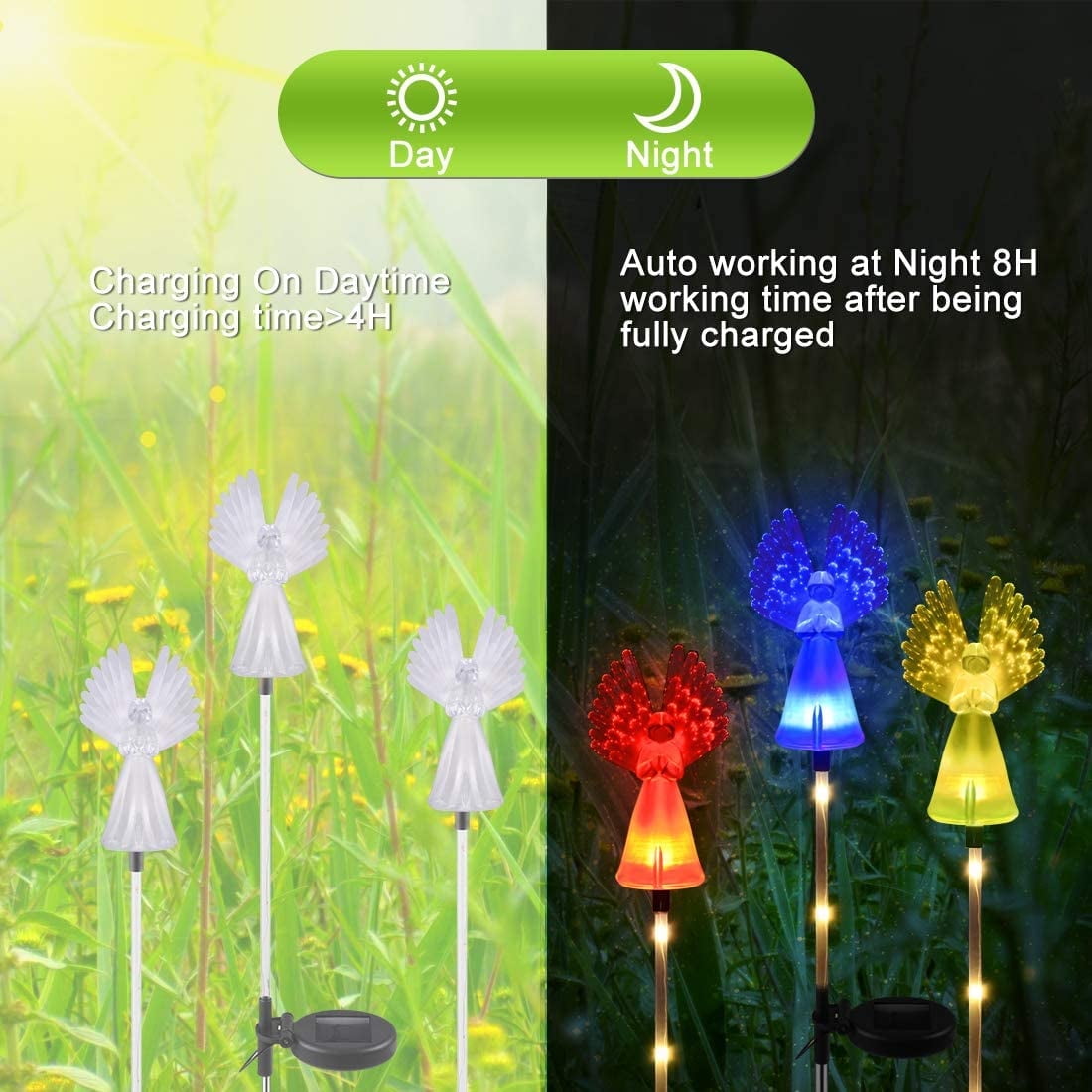 TiokMc Solar Angel Stake Lights with Fiber Optic Wings, Color-Changing LED Outdoor Pathway Garden Yard Lawn Decorations, Waterproof Solar Powered Lights (4 Pack)
