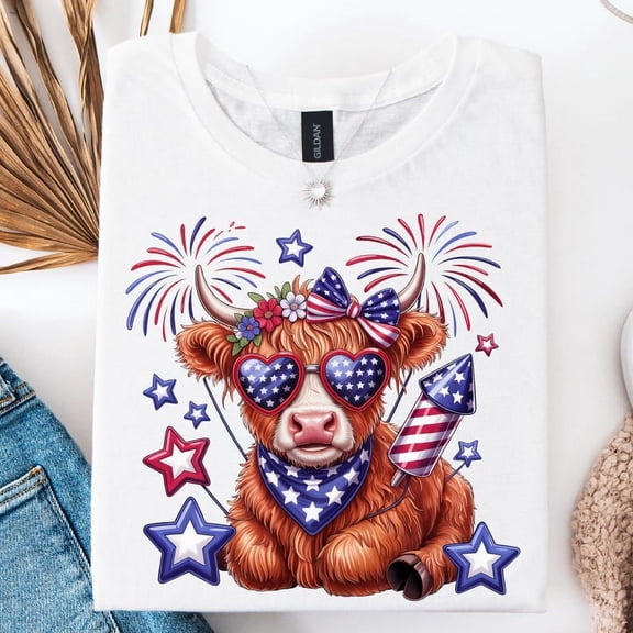 4th of July Cow T-Shirt, Patriotic Highland Cattle Tee with Fireworks, Cute USA Animal Graphic Shirt, Funny Independence Day Top