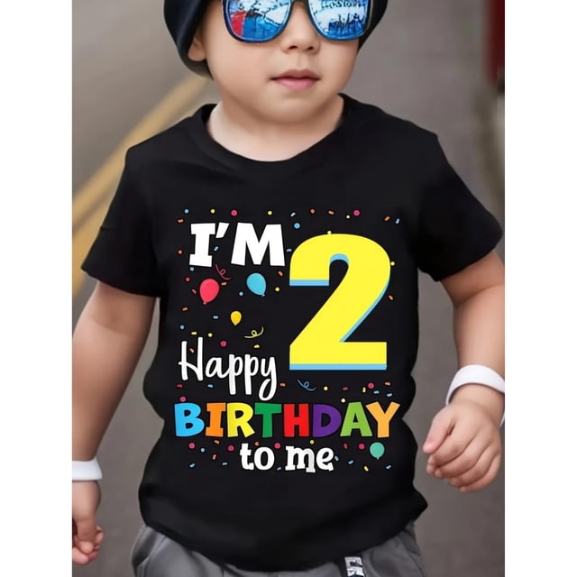Design d'Anniversaire pour Garçon de 2 Ans, T-Shirt à Manches Courtes à Col Rond avec Motif de Lettres Imprimé, Vêtements d'Été Décontractés pour Enfants, T-Shirt à Manches Courtes à la Mode et Confortable pour Garçons, Haut Garçon Mode, Été Es