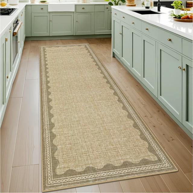 Scalloped Edge Indoor Area Rug Machine Washable Carpet Boho Area Rug Low Pile Decor Pet Friendly Carpet for Living Room, Home Office, Nursery