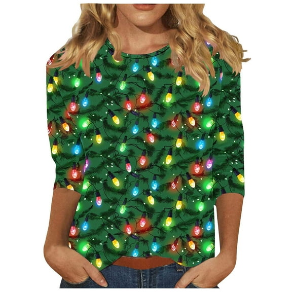 Womens Plus Size Christmas Shirts Xmas Tree Merry and Bright Print 3/4 Sleeve Tops Basic Tee Shirt