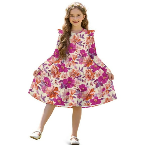 FKELYI Pink Flower Print Long Sleeve Dress for Girls Tiered Swing Pleated Twirly Dress for Spring Fall Pactchwork Sundress A-Line Flowy Casual Dresses, 7-8 Y