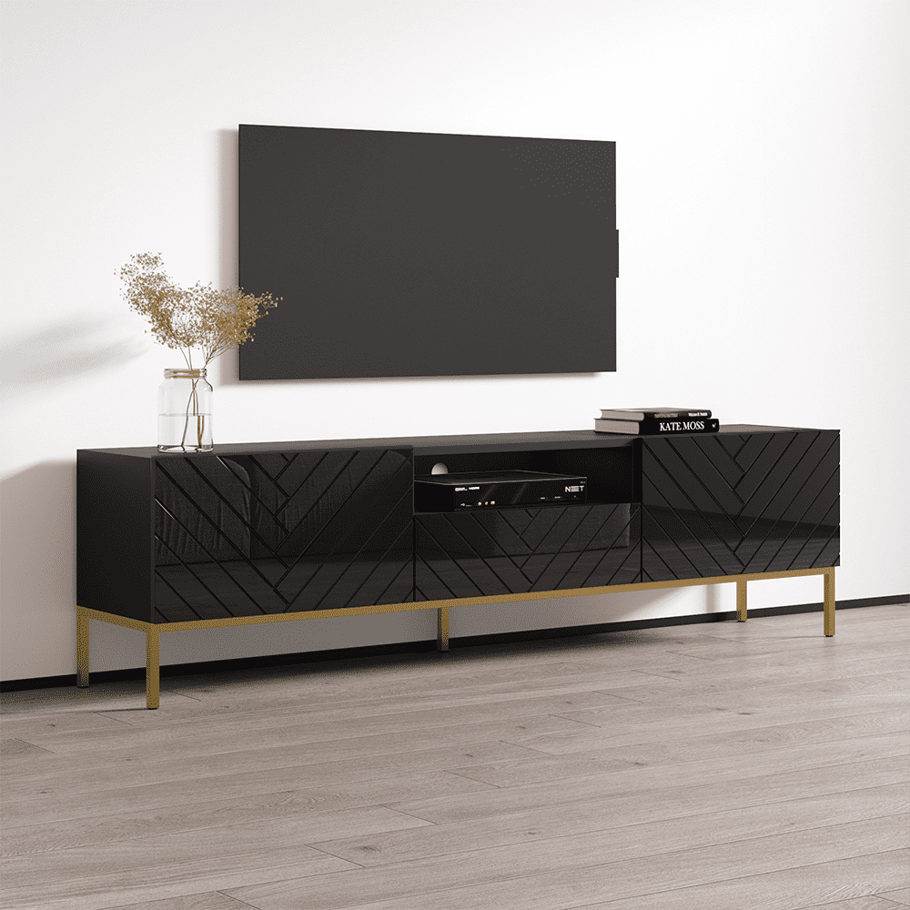 Gala 01 TV Stand for TVs up to 85", Mid-Century Modern High Gloss 75" Entertainment Center, TV Media Console with Storage Cabinets