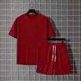 thumbnail image 4 of Mens 2 Piece Outfit Crew Neck Short Sleeve Ligjtweight Drawstring Shorts Summer Solid Color Set With Large Pockets Wine L, 4 of 7