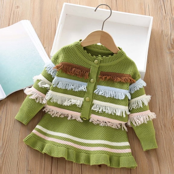 NAISIBABY Girls Fall Winter Set 2-Piece, Retro Tassel Cardigan Sweater and Skirt Fashion Cute Knit Outfit Green 7T