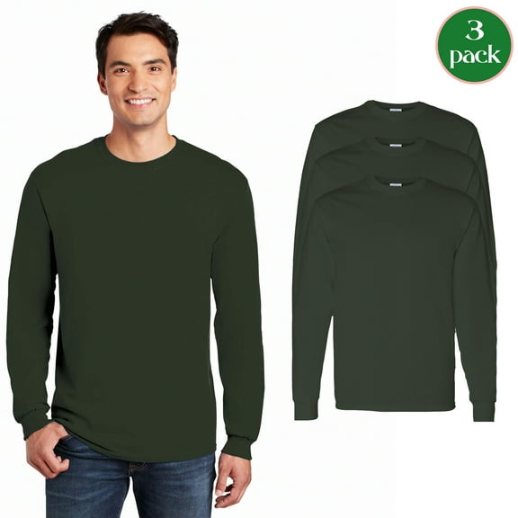 Gildan Men’s Heavy Cotton Long Sleeve T-Shirt, Ribbed Collar and Cuffs Forest Tee, 3 Pack, S