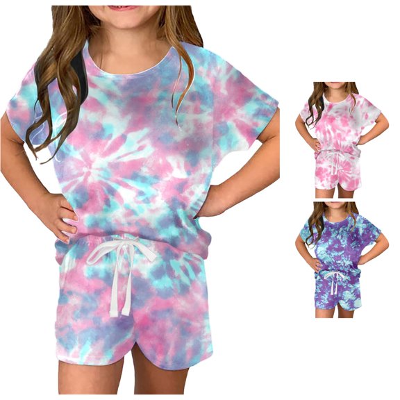 HCYSFG Girls Tie Dye Outfit Sets 2 Piece T Shirt And Shorts Short Sleeve Crewneck Clothing Sets Elastic Waist Matching Sets