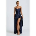 thumbnail image 4 of Women'S V-Neck Sleeveless Satin Ruffle Hem Tight Long Casual Open Back High Slit Cocktail Dress Dark Blue XL, 4 of 9