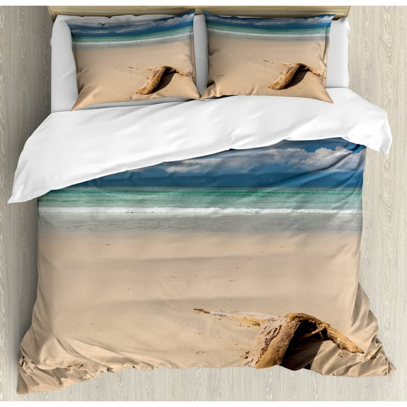 Ambesonne Digital Duvet Cover Set, Driftwood on the Beach, King, Sand Brown and Blue