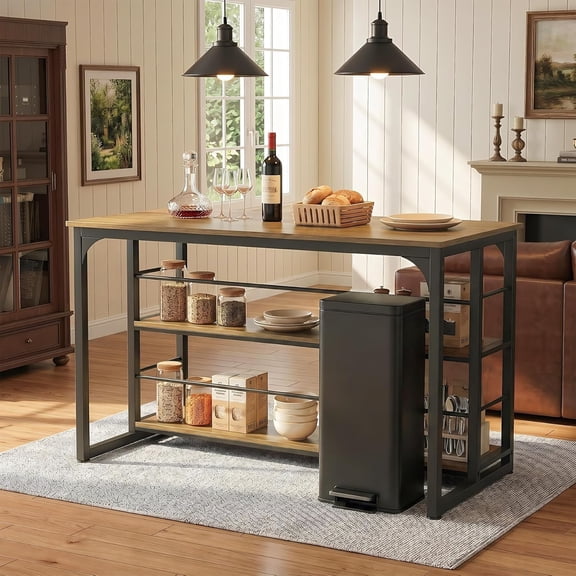 Finmind 63'' Kitchen Island with Storage, Dining Room Counter, Brown & Black