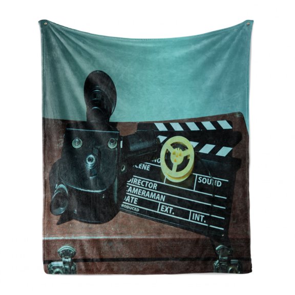 Old Hollywood Soft Flannel Fleece Throw Blanket, Retro Style Camera Clapper and Reel with Films on the Scratched Suitcase, Cozy Plush for Indoor and Outdoor Use, 50" x 60", Multicolor, by Ambesonne