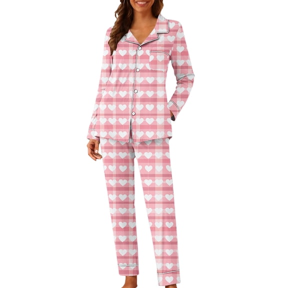 Women's Pajamas Sets 2 Piece Button Up Shirts and PJ Bottoms Hearts Print Long Sleeve Valentines Nightgown Suits (XL, Pink)
