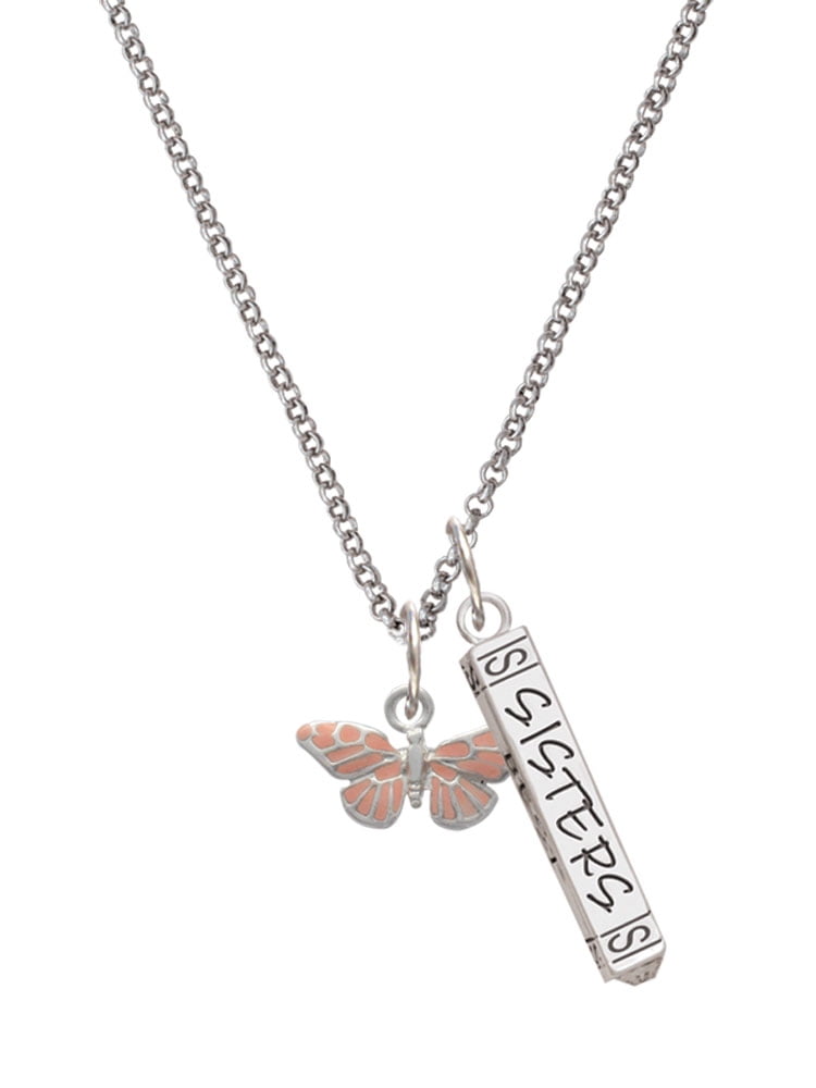 Delight Jewelry Silvertone Small Pink Butterfly Silvertone Sisters Best Friends Forever Bar Charm Necklace, 23"
