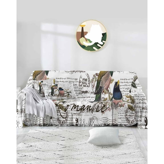 Old Newspaper Sofa Covers for 3 Cushion Couch,Washable Sectional & L Shape Couch Covers for Dog/Cat/Kid,Animal Birds Antique English Newsprint Non Slip Sofa Slipcover Tassel Futon Cover 71x150