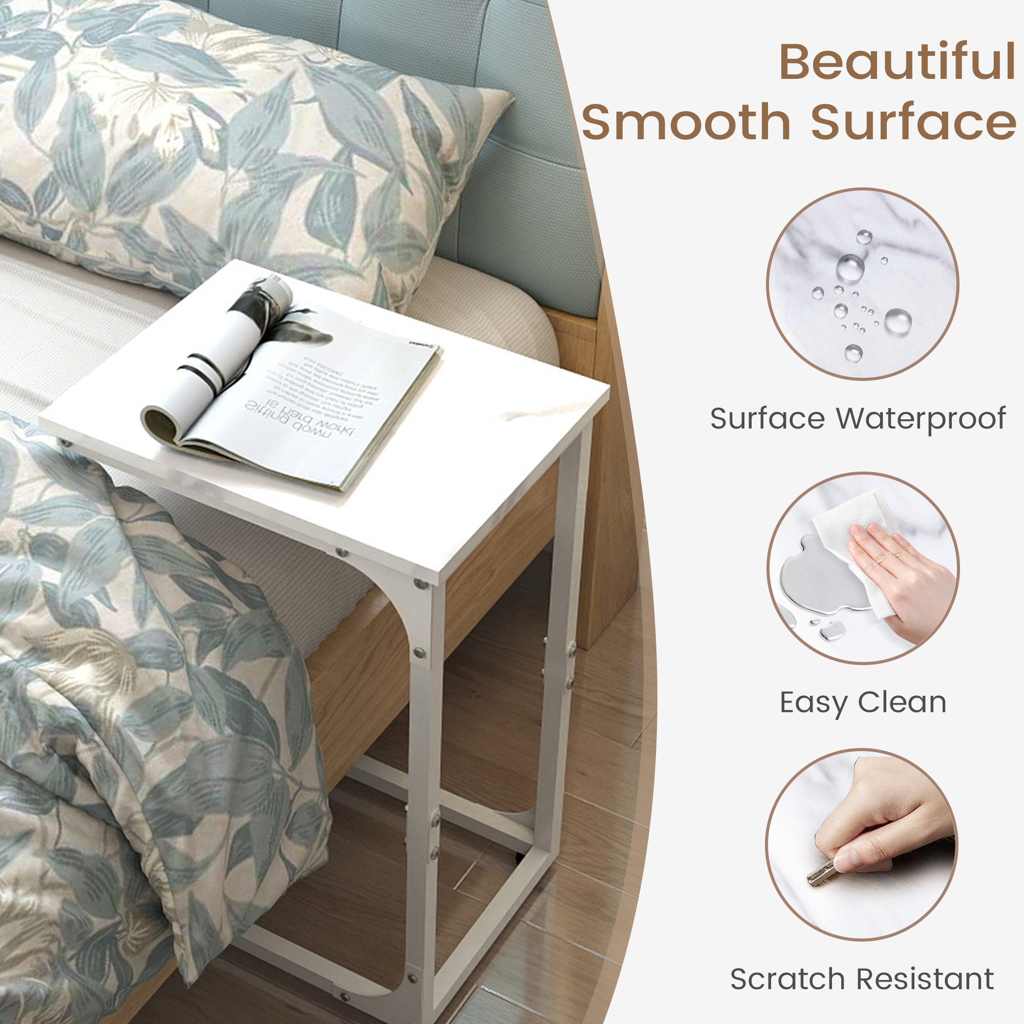 Melocadol C-Shaped End Table, C Shaped Under Couch Slider, Small Side Tables with Metal Frame, Adjustable Feet, for Living Room, Bedside, Sofa, TV Dinner, Recliner, White