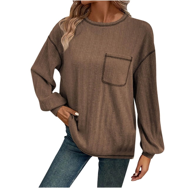 cfhntfmh Women's Ribbed Sweater Crew Neck Long Sleeve Shirts 2024 Fall Loose Solid Knit Pullover with Pockets
