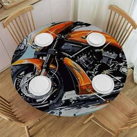 

Cartoon Motorcycles Round Tablecloth Waterproof Fitted Table Cloth with Elastic Edge Table Cover Fits for Tables for Picnic Party Dinning Decor