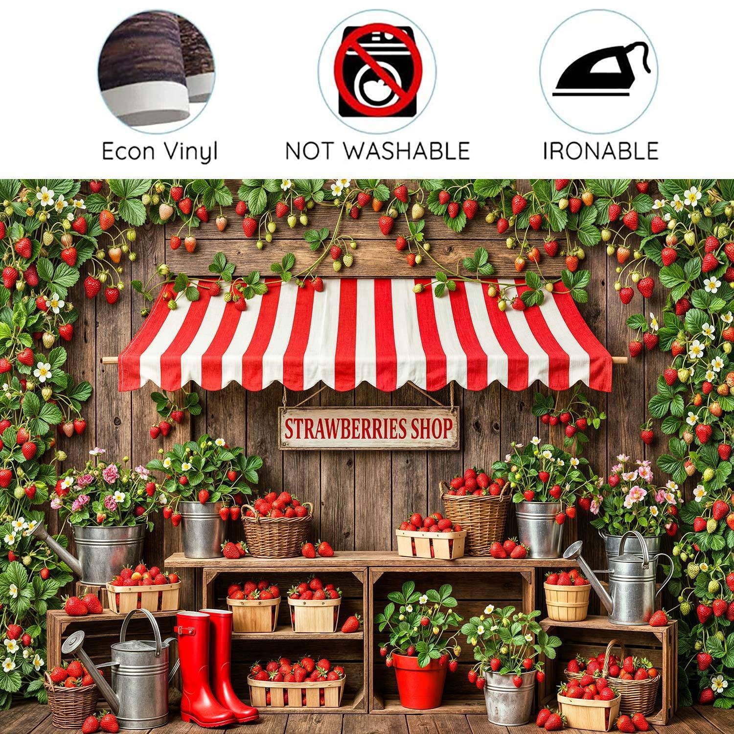 Strawberry Shop Photography Backdrop, Rustic Wooden Farm Stand Red Berry Floral Background for Kids Birthday Party Baby Shower Photo Booth Decorations Banner, 8x6ft