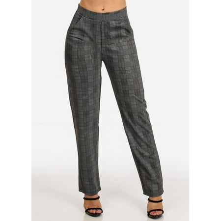 Womens Juniors Women's Junior Ladies Stylish Going Out Business Office Career Wear Houndstooth And Plaid Print Brown Straight Leg Dress Pants 10531W