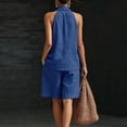 thumbnail image 4 of Qwertyu Linen Sets for Women 2 Piece Summer Outfits V Neck Halter Sleeveless Tops and Wide Leg Bermuda Shorts Cotton Linen Casual Two Piece Sets Blue XL, 4 of 7
