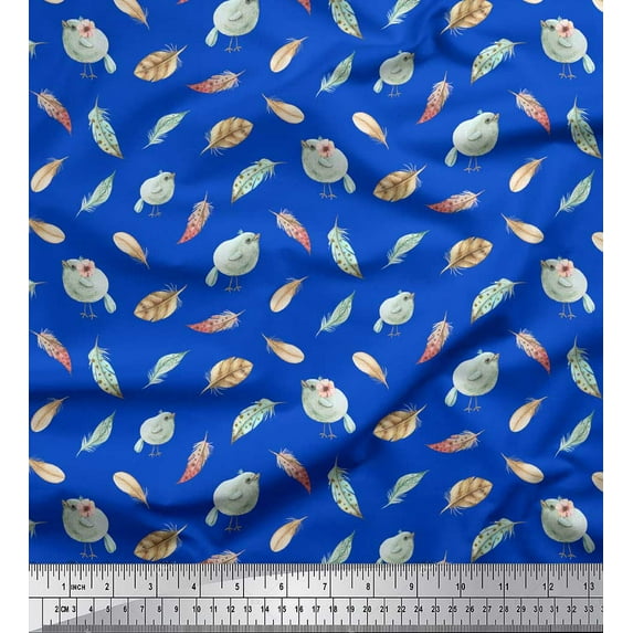 Soimoi Blue Silk Fabric Bird & Feather Fabric Prints By Yard 42 Inch Wide