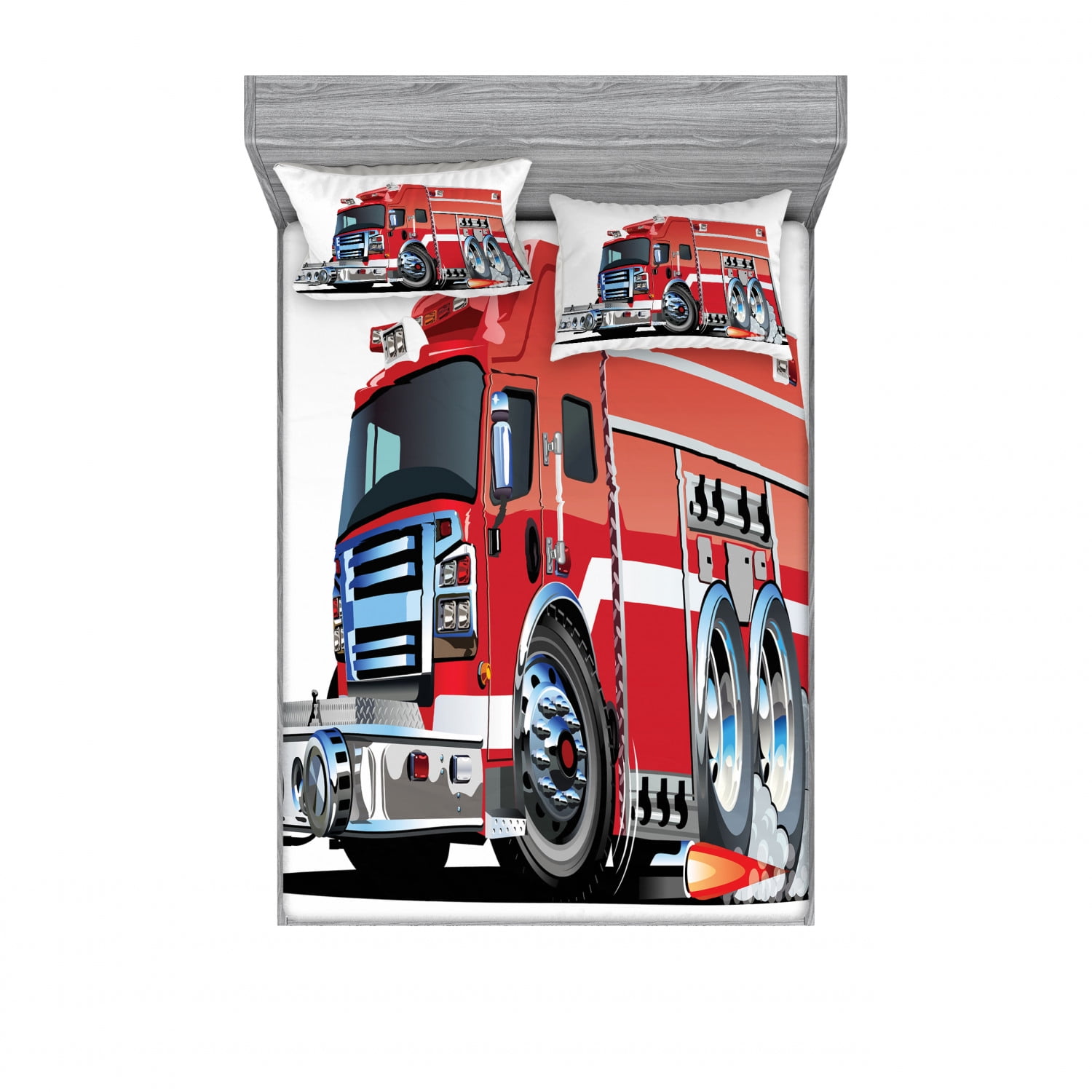 Cars Bedding Set with Sheet & Covers, Big Fire Truck Emergency Equipments  Universal Safety Rescue Team Engine Cartoon, Printed Bedroom Decor 2 Shams,  4 Sizes, Red Grey, by Ambesonne 