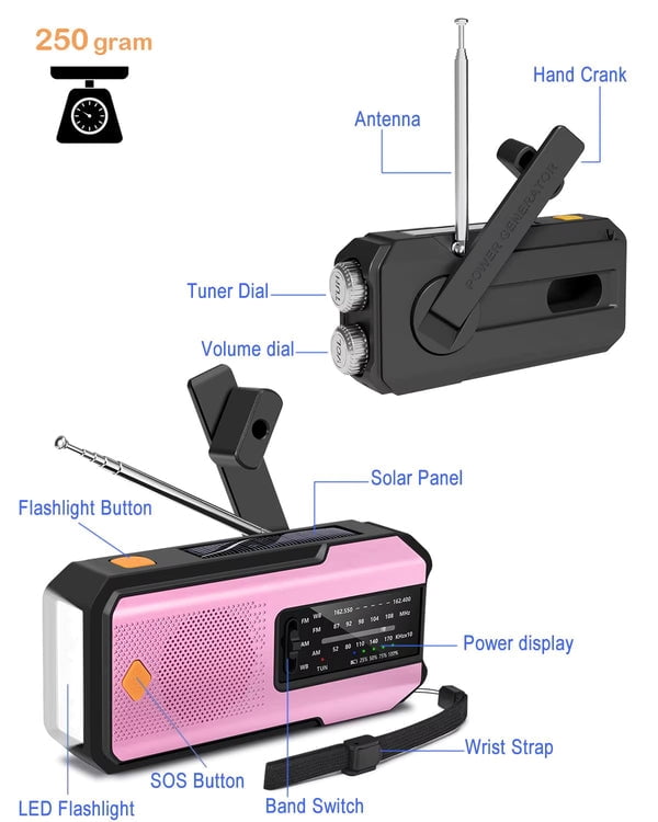 NOAA AM/FM/WB Emergency Weather Radio Flashlight with SOS by Metron Bios  (PINK)