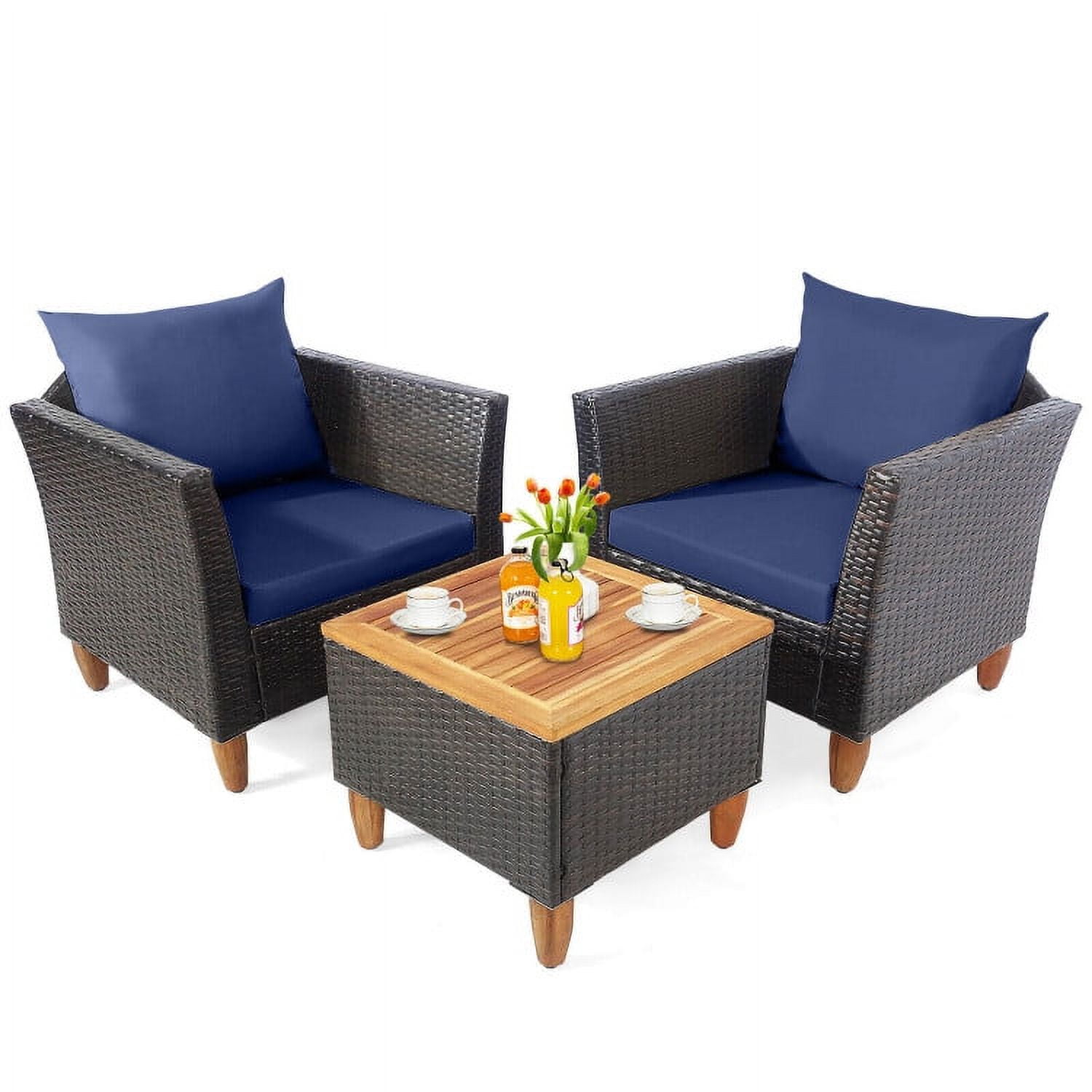 Aimee Lii 3 Pieces Patio Rattan Bistro Furniture Set with Wooden Table Top, Outdoor Patio Furniture, Navy Aimee Lii 3 Pieces Patio Rattan Bistro Furniture Set with Wooden Table Top, Outdoor Patio Furniture, Navy