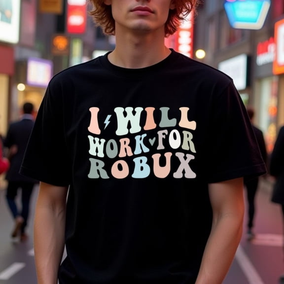 Roblox Enthusiast'S Pride | 'I Will Work for Robux' Graphic Tee - 100% Cotton, Crew Neck, Regular Fit, Casual Wear for Women & Men, Perfect for Thanksgiving & Christmas, Festive Clothing | Crew Neck