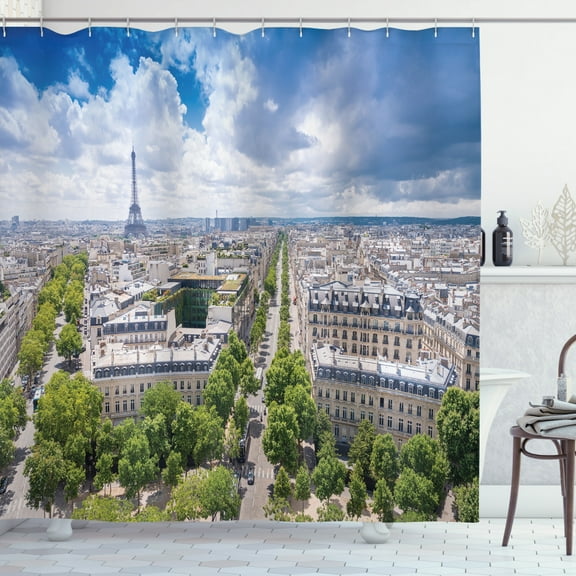 Ambesonne Eiffel Tower Shower Curtain, Aerial View Paris, 69"Wx70"L, Pale Blue Cream Green