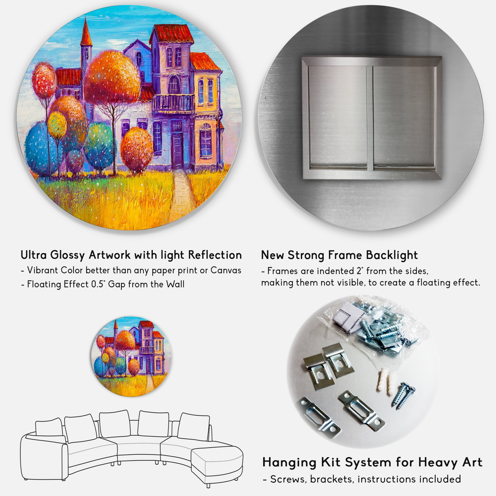 Designart 'Abstract Colorful House In The Fairy Tale VIllage' Traditional Circle Metal Wall Art 29x29 - Disc of 29