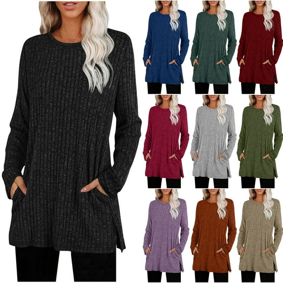 Otntypg Tunic Sweaters for Women Trendy Fall Long Sleeve Ribbed Knitted Crewneck Pullover Tops Casual Side Slit Hem Blouse with Pockets Blue L