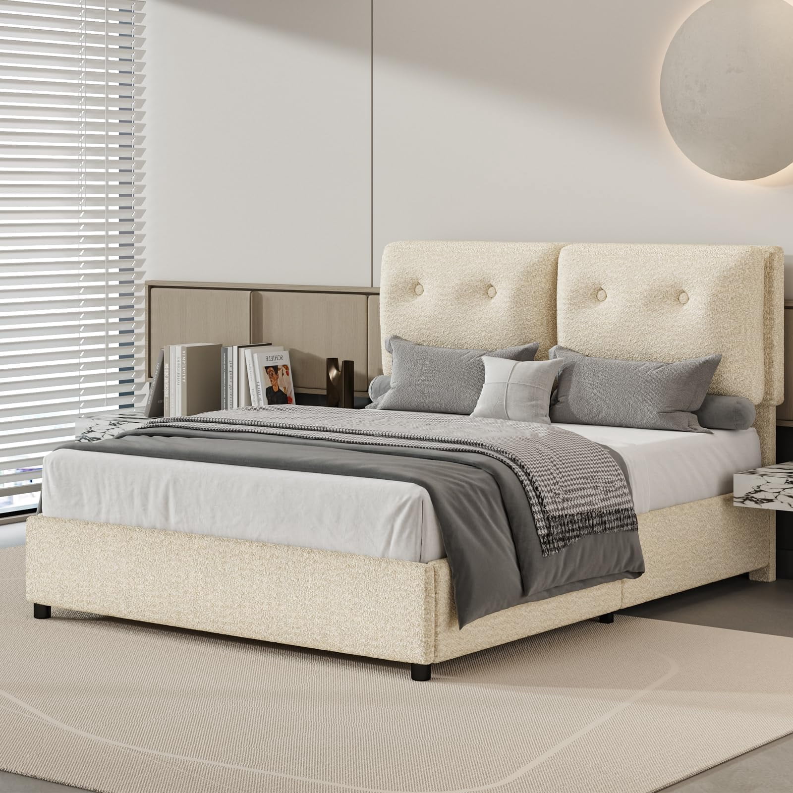 4 EVER WINNER Queen Bed Frame, Queen Size Bed Frame with Headboard, Boucle Bed Frame with Removable Pillow Upholstery, No Box Spring Required, Easy Assembly, Cream