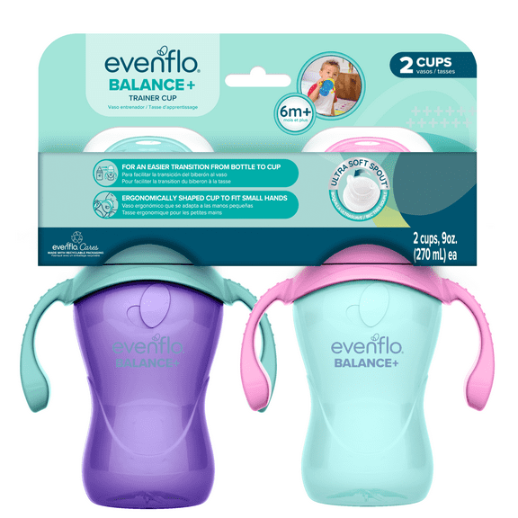 Evenflo Feeding 9 oz Balance Cups, 2-Pack, Pink & Purple, Baby Sippy Cups 6 Months 