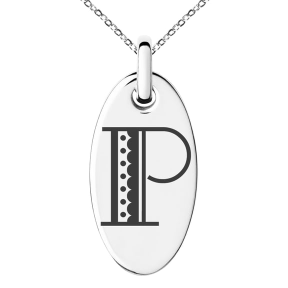 Stainless Steel Letter P Initial Metro Retro Monogram Engraved Small Oval Charm Pendant Necklace