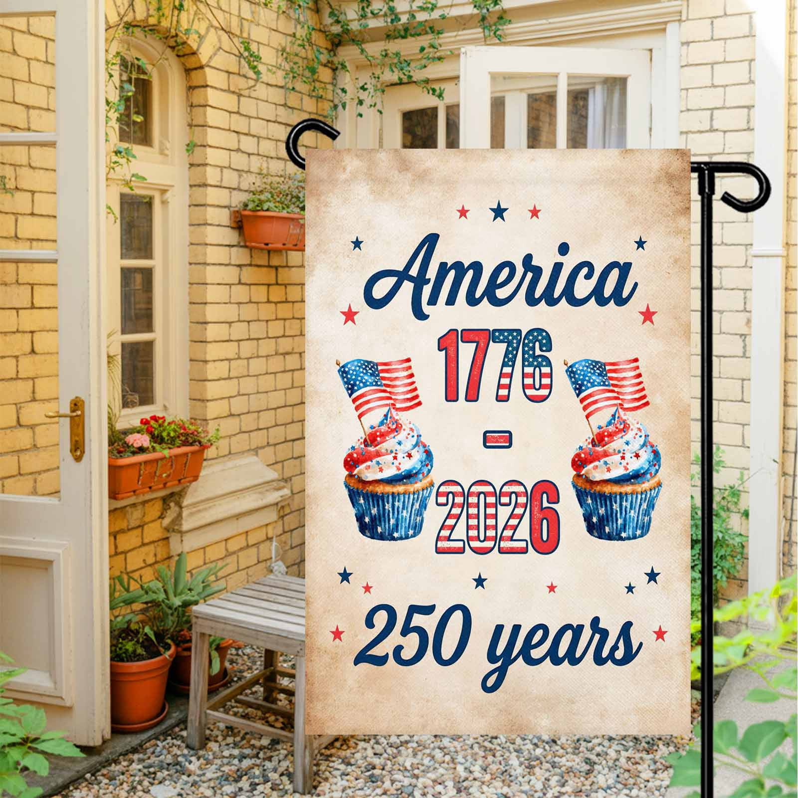 4th of July Garden Flags America 250 Years Garden Flag Double Sided Welcome Flag Cupcakes USA Flag Retro Independence Day Yard Flags for Outdoor Lawn Porch Memorial Day Holiday Decor 28x40 Inch