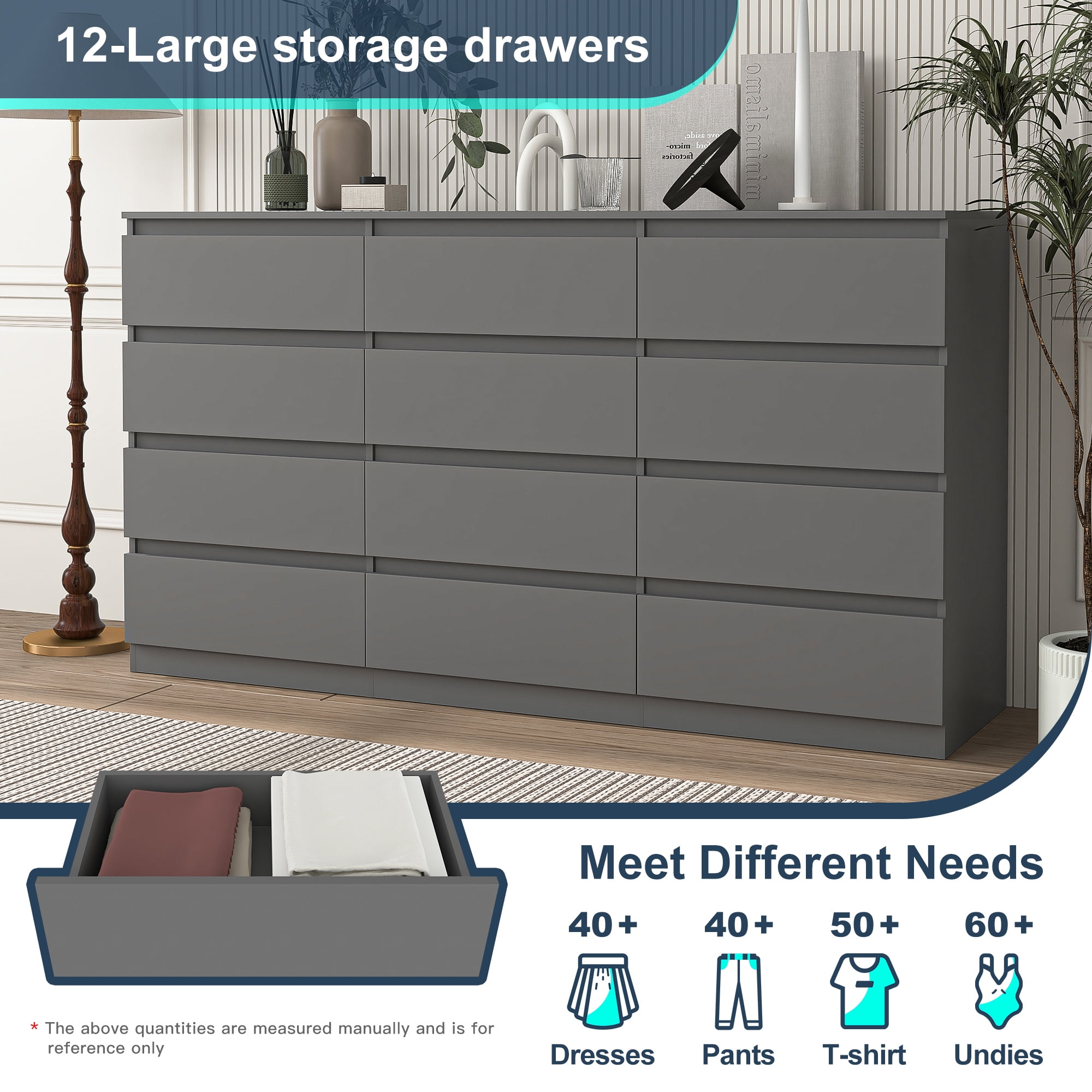 Resenkos Modern Mid Century 12 Drawer Wide Dressers Chests for Bedroom, Chest of Drawer Organizer Grey