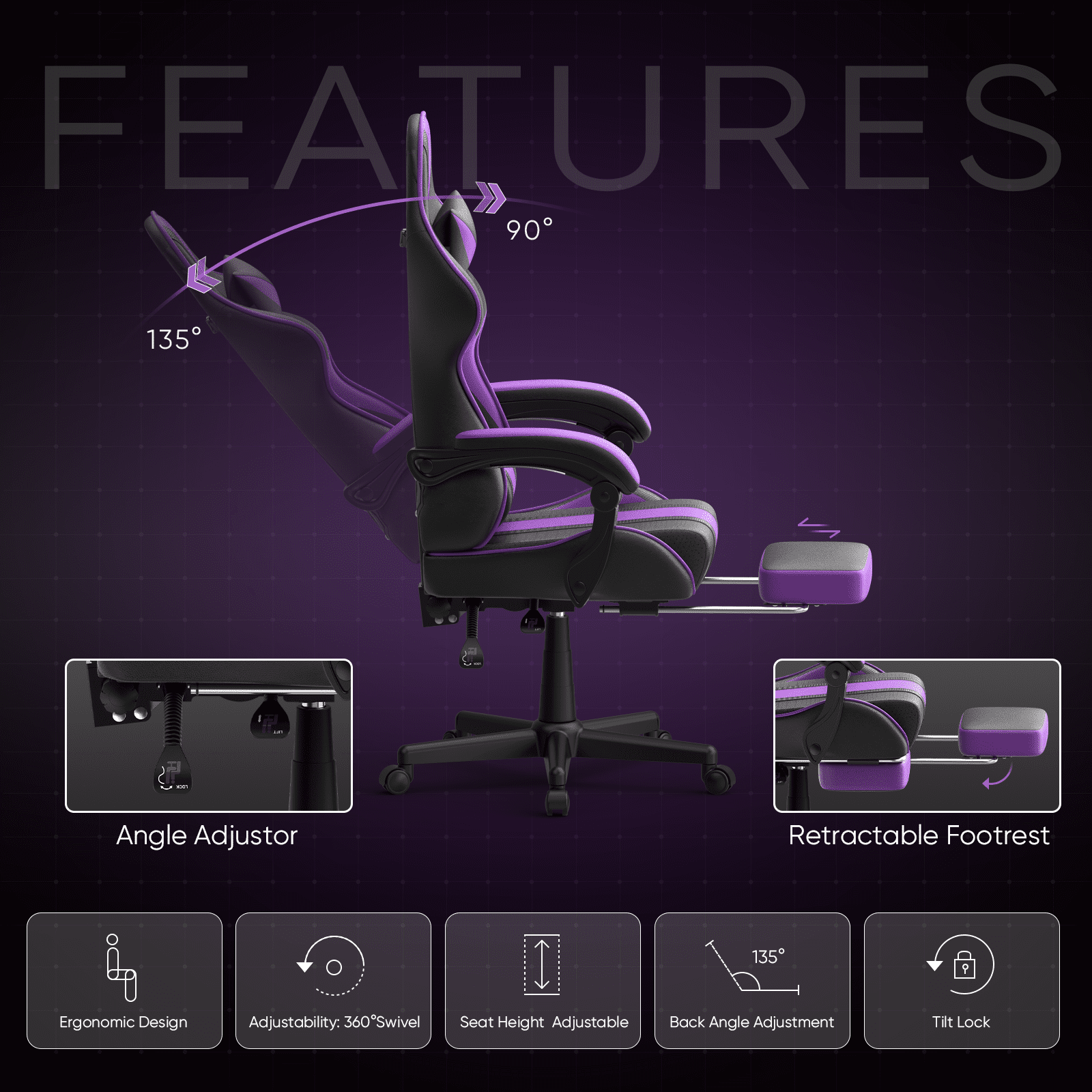 Soontrans Gaming Chair with Footrest Ergonomic Office Chair with Massage Lumbar Pillow, Reclining Gamer Game Chair for Adults, Purple