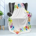 thumbnail image 4 of Party Soft Flannel Fleece Throw Blanket, Happy Childhood Themed Frame with Handprints in Rainbow Colors Grunge Display, Cozy Plush for Indoor and Outdoor Use, 60" x 80", Multicolor, by Ambesonne, 4 of 5