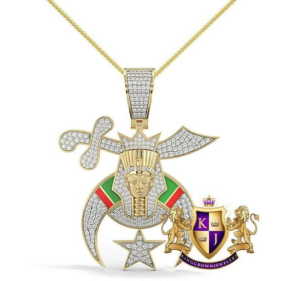 Real Genuine 3.50 Cwt. VVS/1 Moissanite Diamond Prince Hall Shrine Freemasonry Masonic Freemason Shriners 10K Gold Over Pendant Charm  Chain
