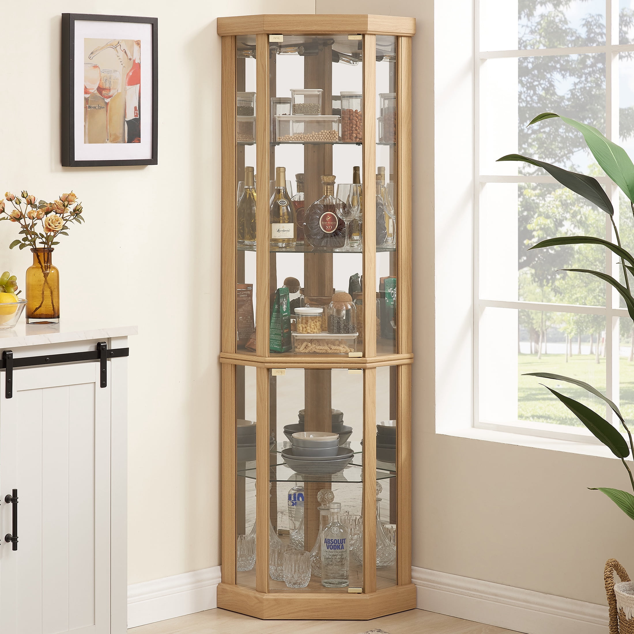 PORKISS Lighted 3-Side Glass Display Curio Cabinet with Tempered Glass Doors and Shelves, China Cabinet Wood Corner Cabinet with Bulb, Corner Curio Storage Rack for Bar, Liquor Storage, Oak