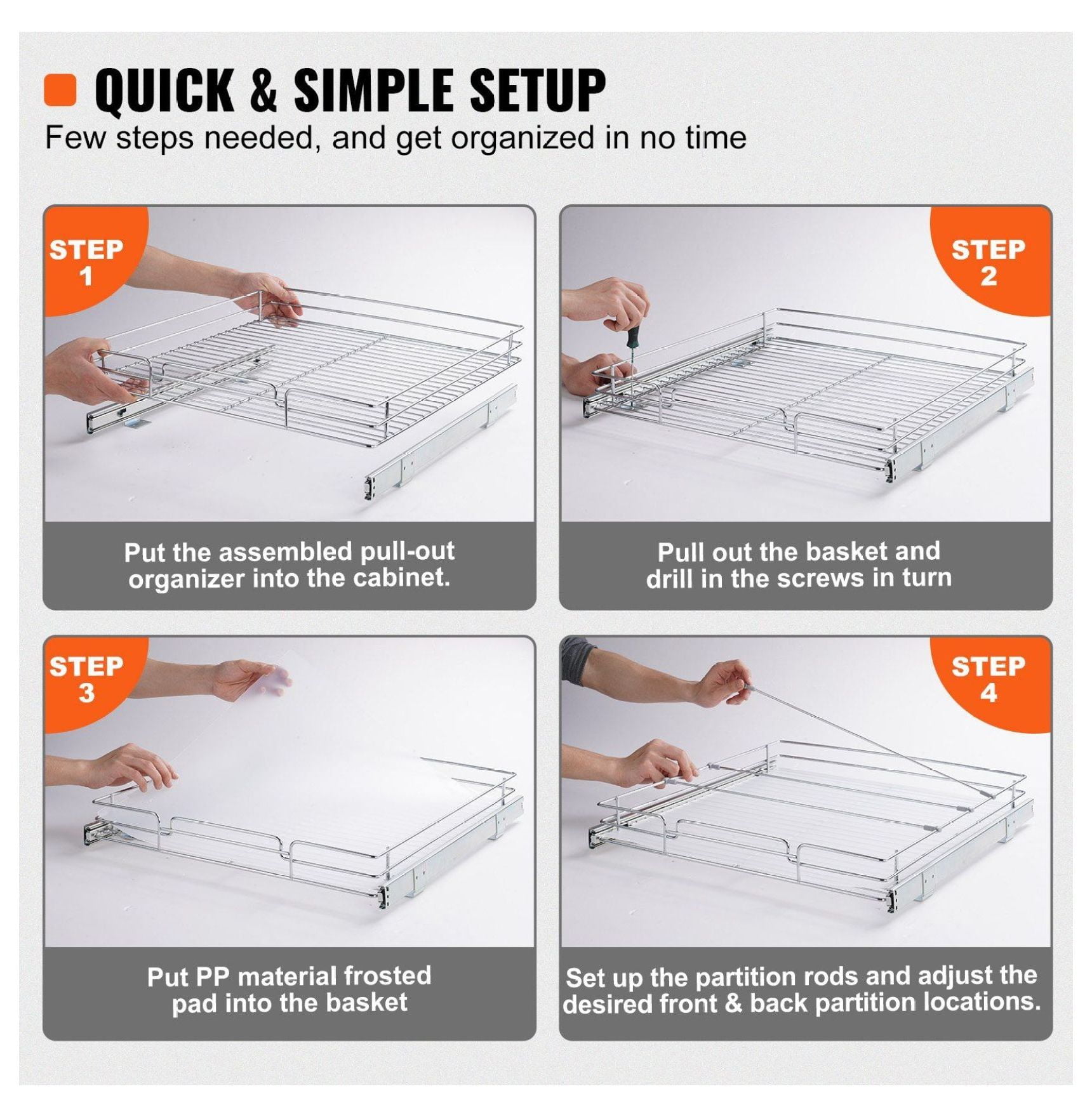 Pull Out Cabinet Organizer 21.5" Sliding Pantry Shelves, Heavy Duty Steel Roll Out Drawers, Under Sink Storage, 23" Cabinet Install Size